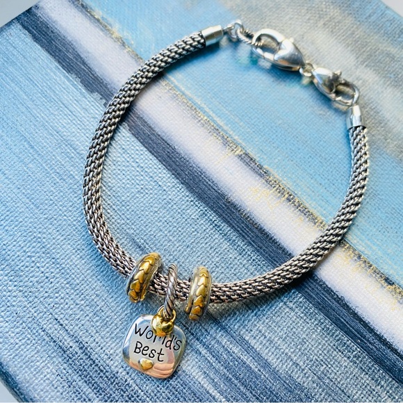 NWOT BRIGHTON "World's Best Grandma" Silver & Gold Two-Tone Charm Bracelet 8.25 - Picture 4 of 7